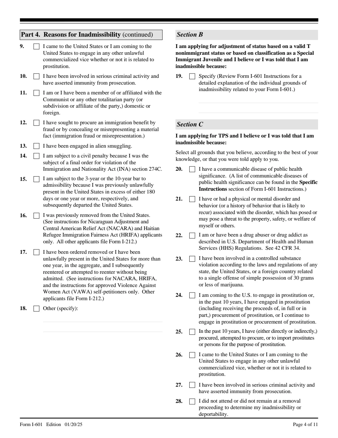 Form I-601 (2025) Application for Waiver of Grounds of Inadmissibility — page 4 of 11