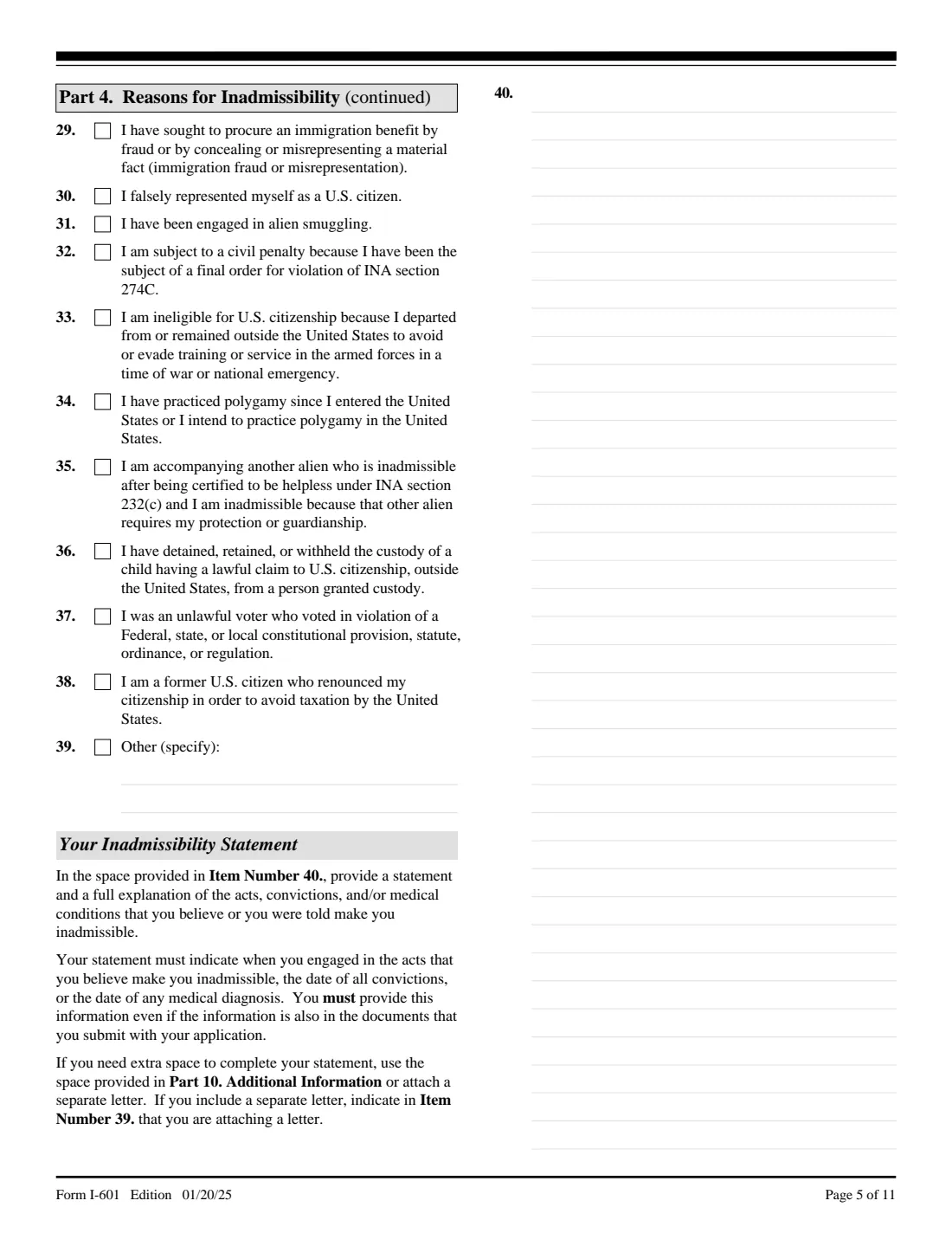 Form I-601 (2025) Application for Waiver of Grounds of Inadmissibility — page 5 of 11