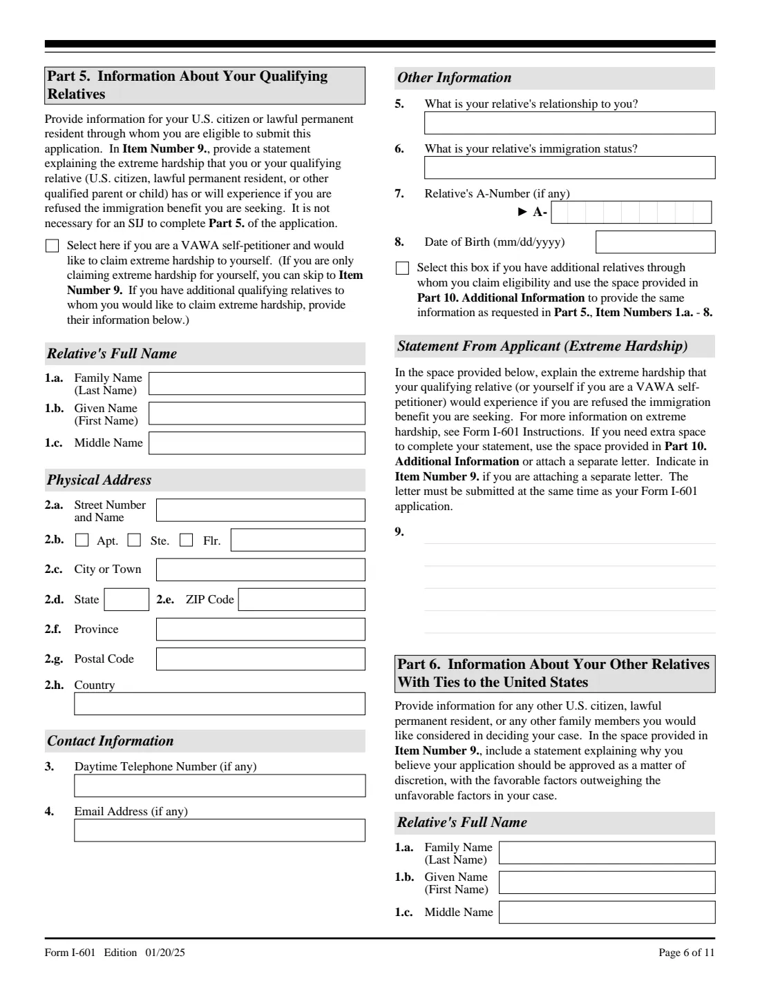 Form I-601 (2025) Application for Waiver of Grounds of Inadmissibility — page 6 of 11