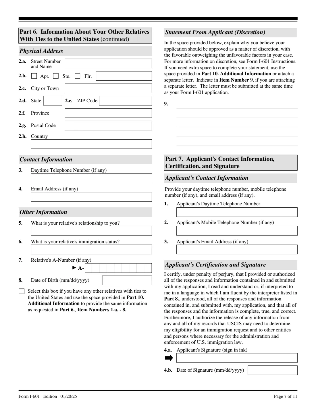 Form I-601 (2025) Application for Waiver of Grounds of Inadmissibility — page 7 of 11