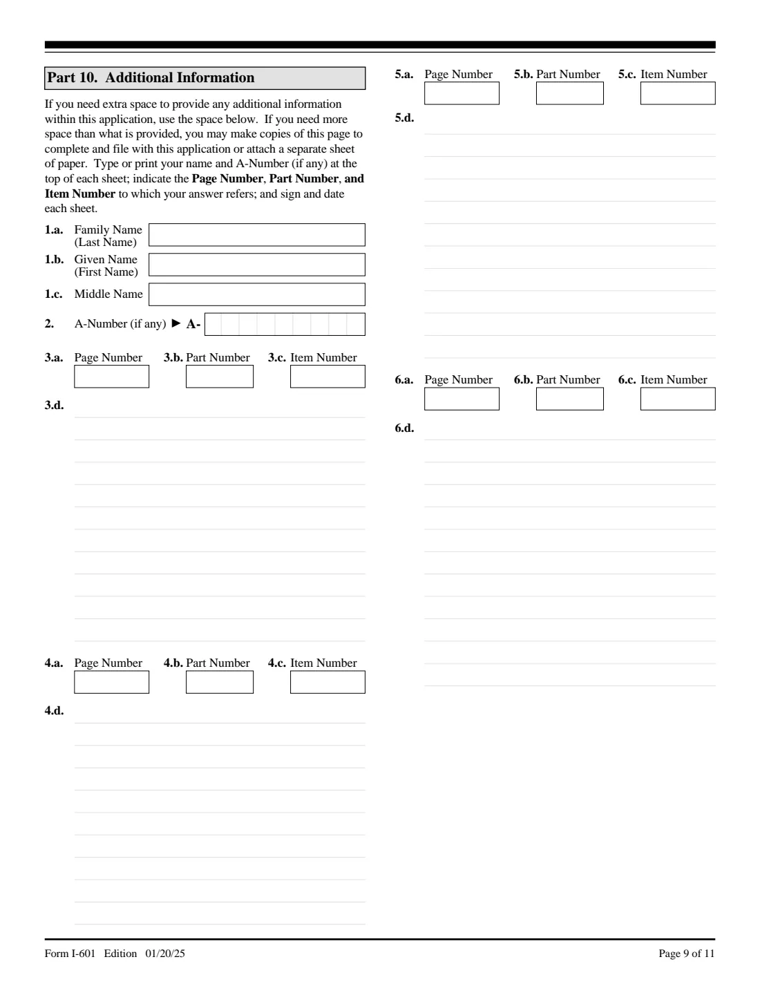 Form I-601 (2025) Application for Waiver of Grounds of Inadmissibility — page 9 of 11