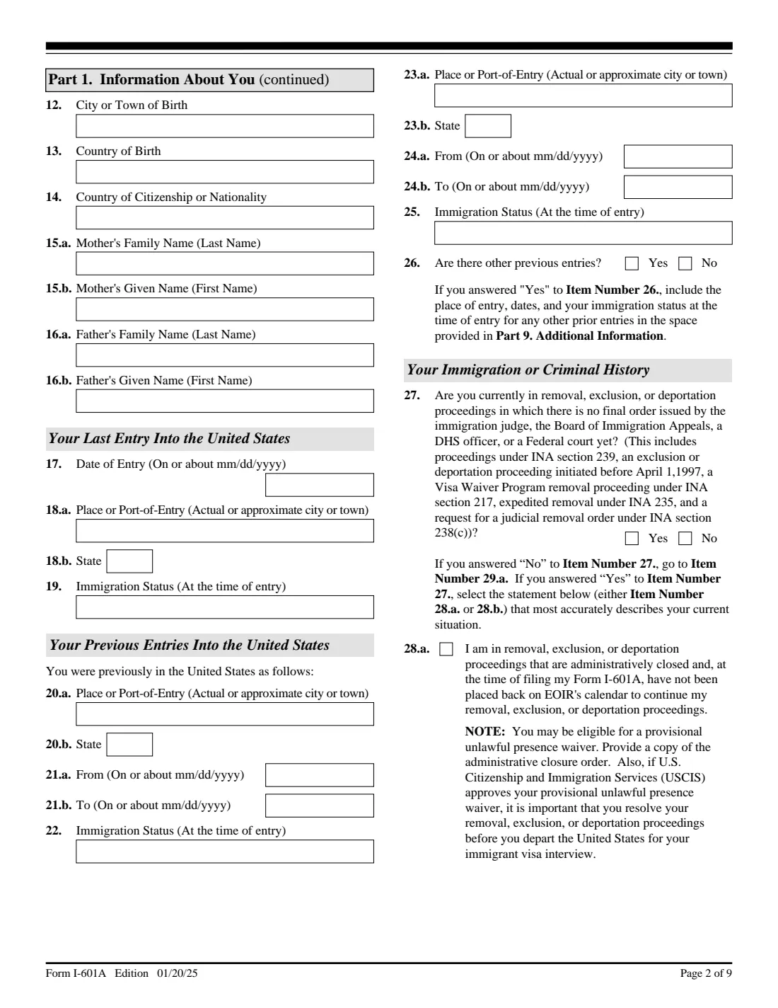 Form I-601A (2025) Application for Provisional Unlawful Presence Waiver — page 2 of 9