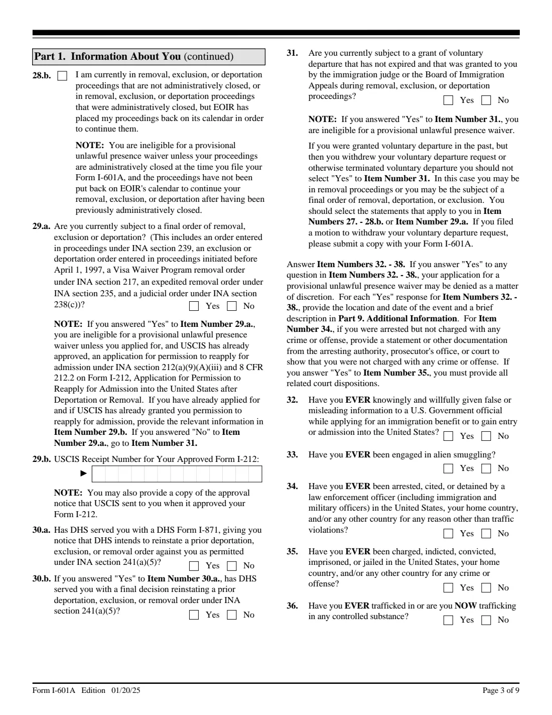 Form I-601A (2025) Application for Provisional Unlawful Presence Waiver — page 3 of 9
