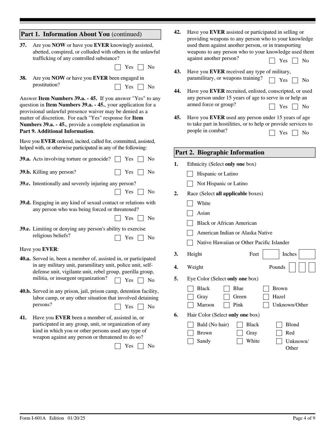 Form I-601A (2025) Application for Provisional Unlawful Presence Waiver — page 4 of 9