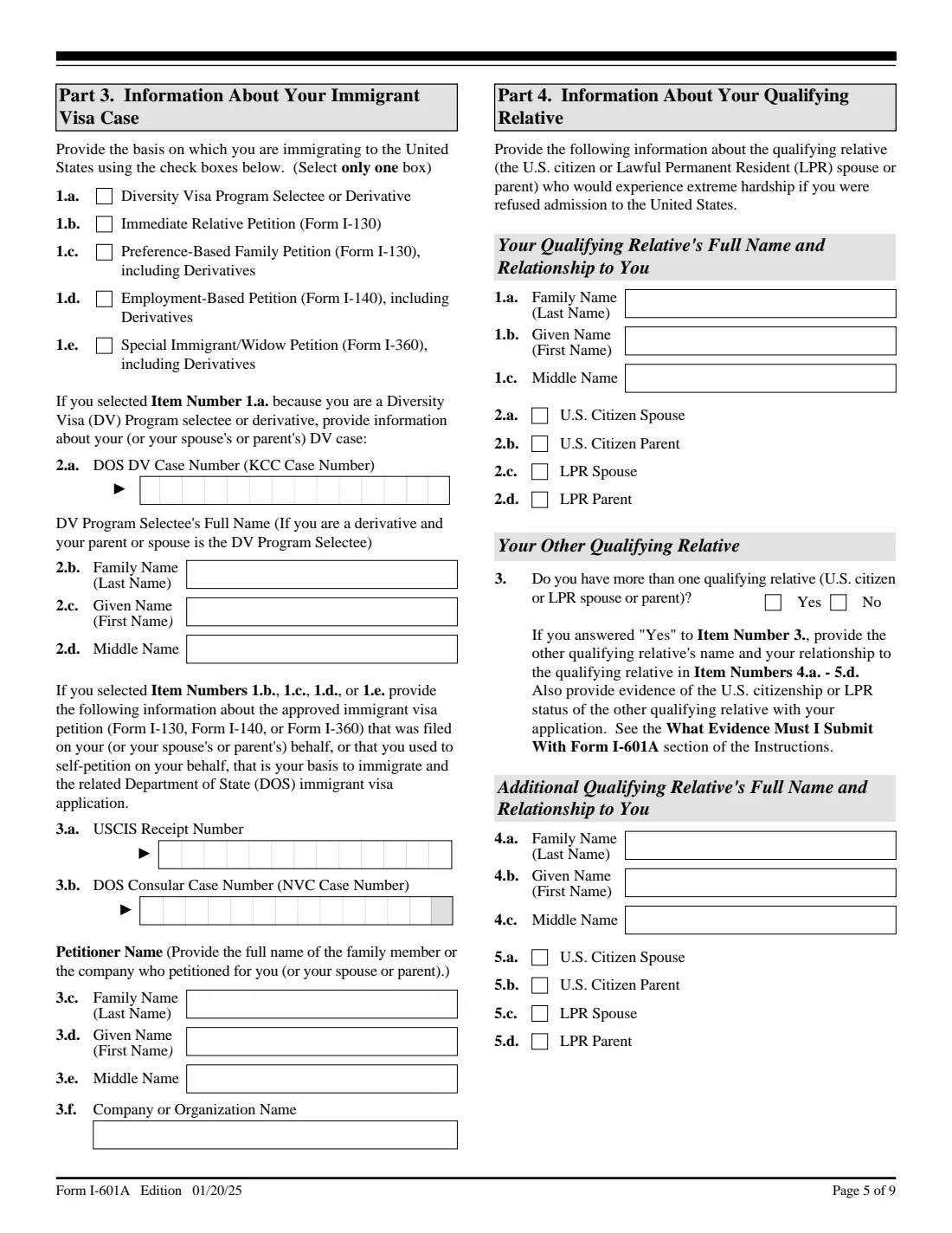 Form I-601A (2025) Application for Provisional Unlawful Presence Waiver — page 5 of 9