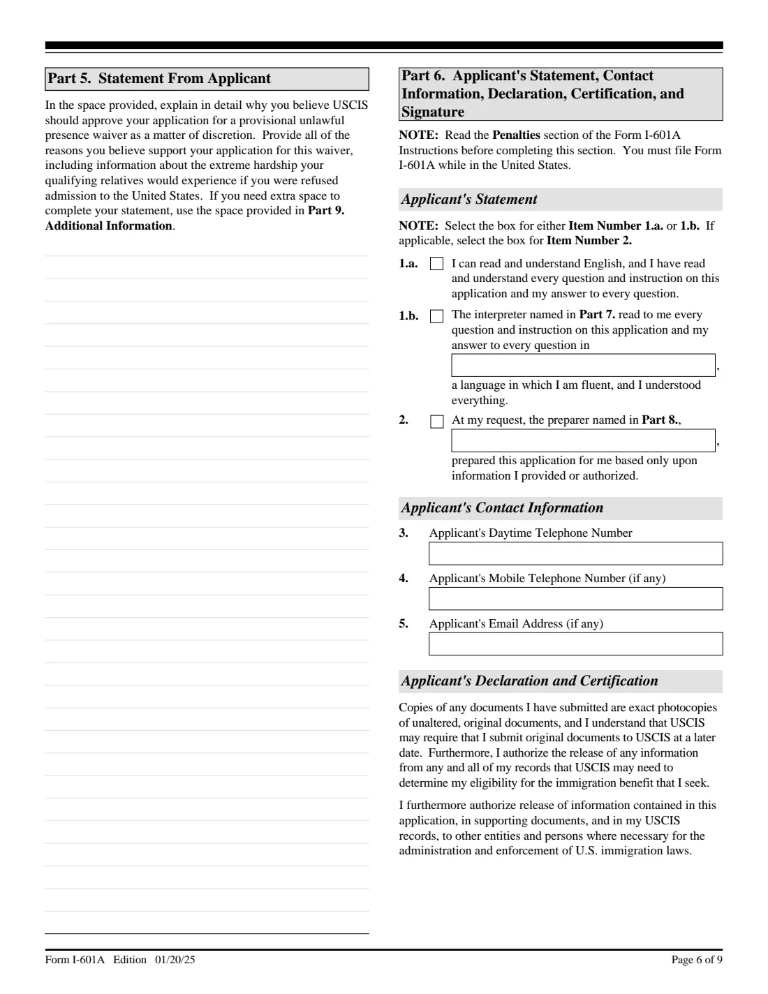 Form I-601A (2025) Application for Provisional Unlawful Presence Waiver — page 6 of 9