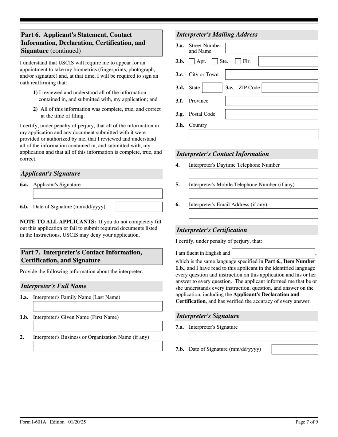 Form I-601A (2025) Application for Provisional Unlawful Presence Waiver — page 7 of 9