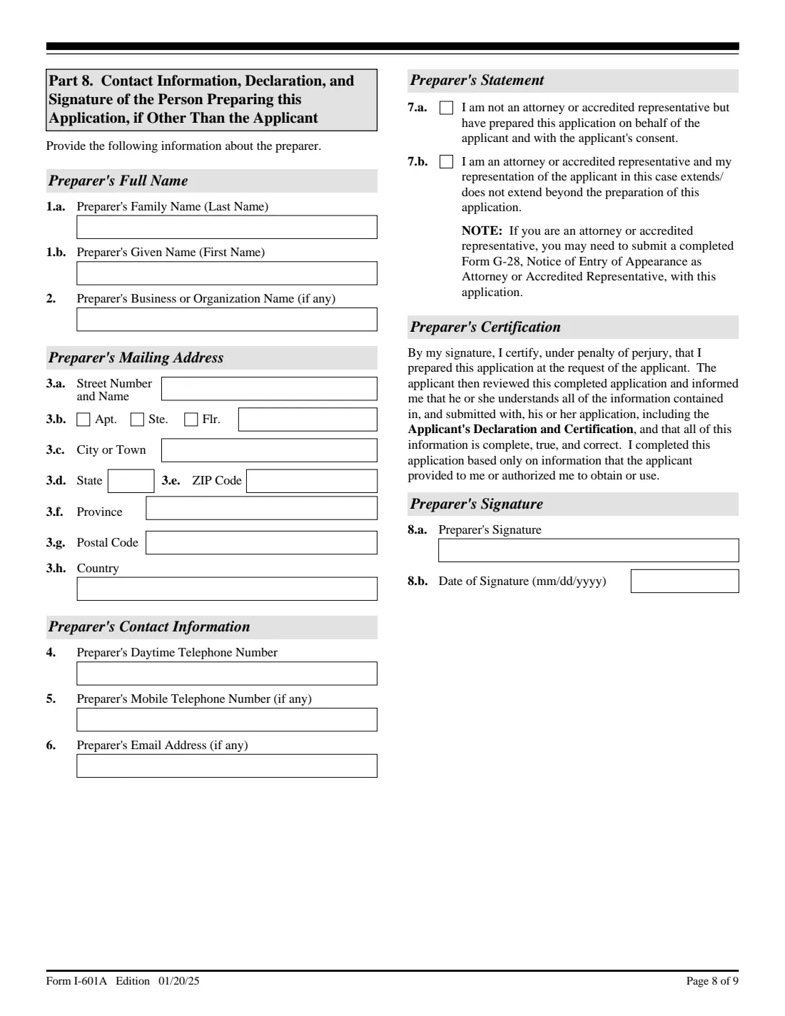 Form I-601A (2025) Application for Provisional Unlawful Presence Waiver — page 8 of 9