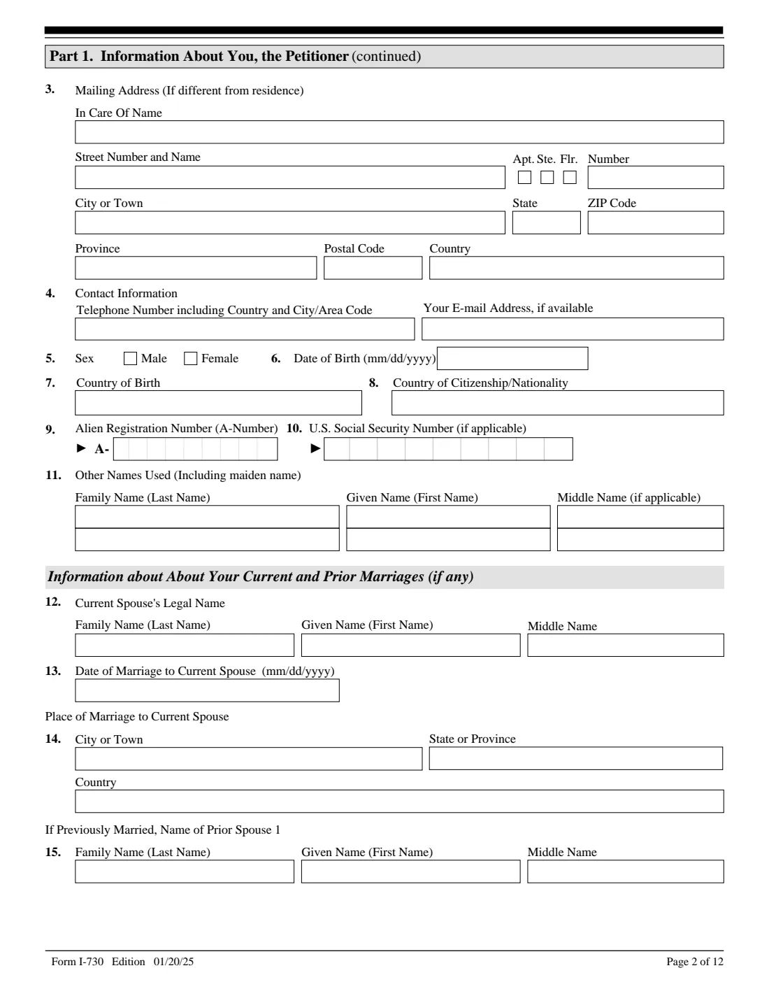 Form I-730 (2025) Refugee/Asylee Relative Petition — page 2 of 12