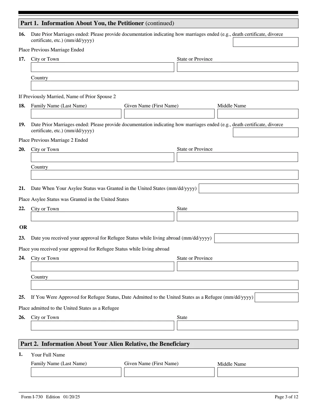 Form I-730 (2025) Refugee/Asylee Relative Petition — page 3 of 12
