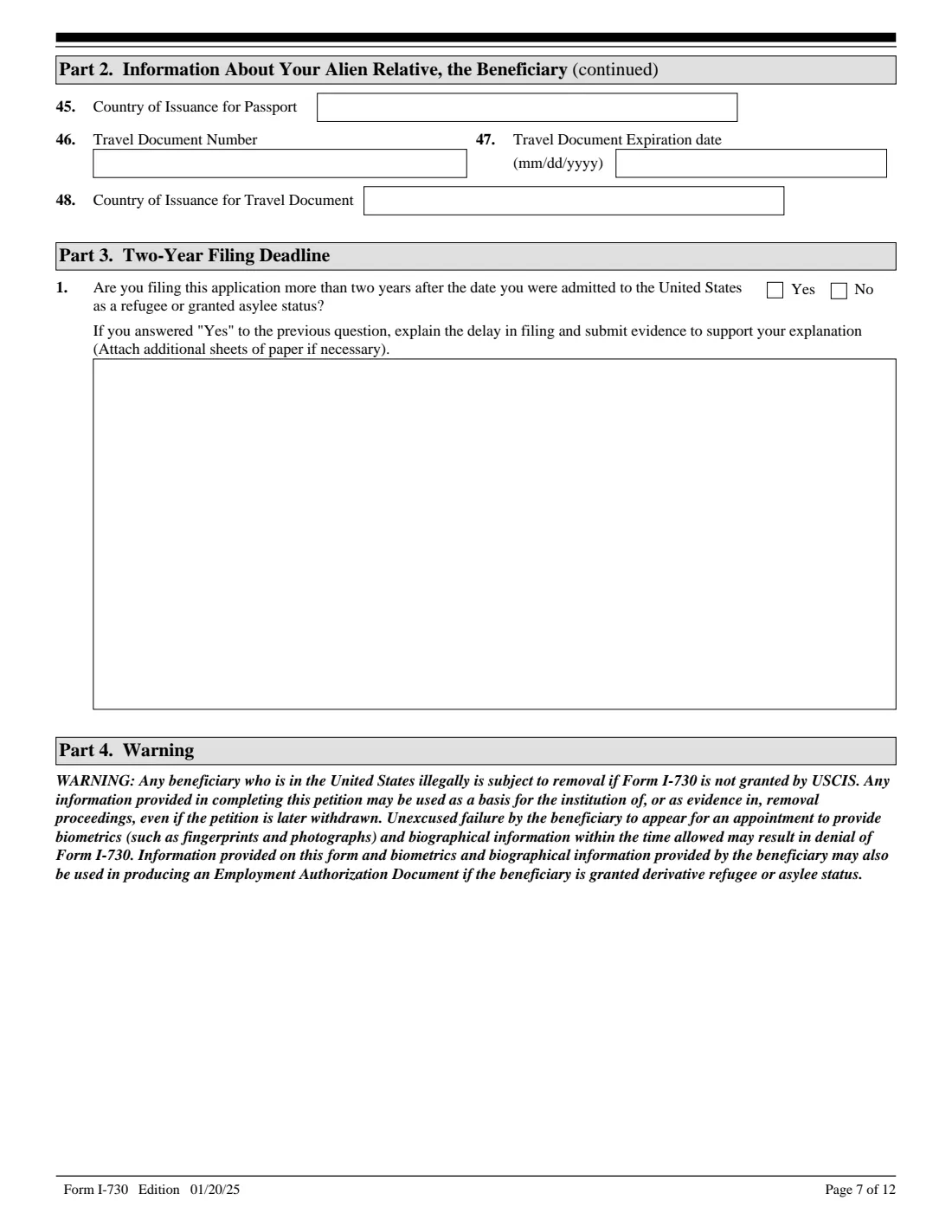 Form I-730 (2025) Refugee/Asylee Relative Petition — page 7 of 12