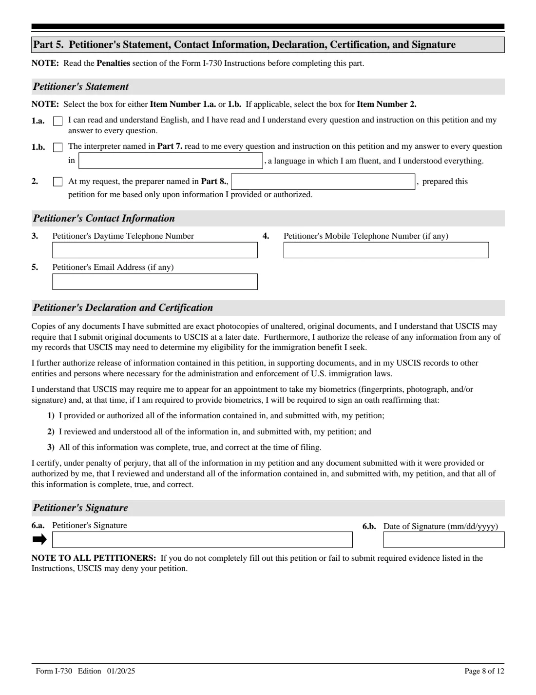 Form I-730 (2025) Refugee/Asylee Relative Petition — page 8 of 12