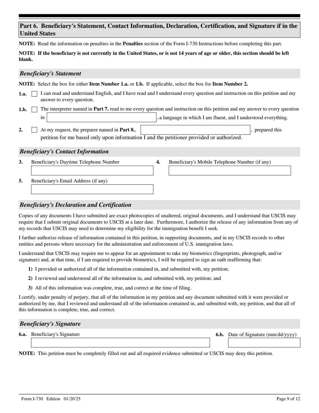 Form I-730 (2025) Refugee/Asylee Relative Petition — page 9 of 12