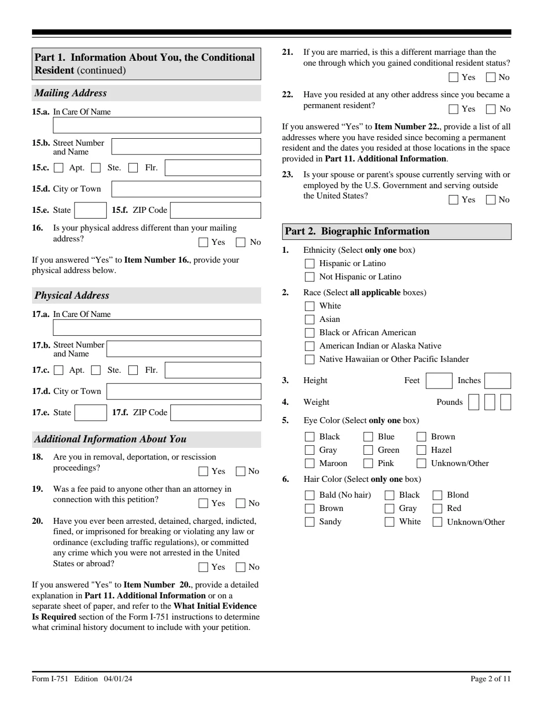 Form I-751 (2024) Petition to Remove Conditions on Residence — page 2 of 11