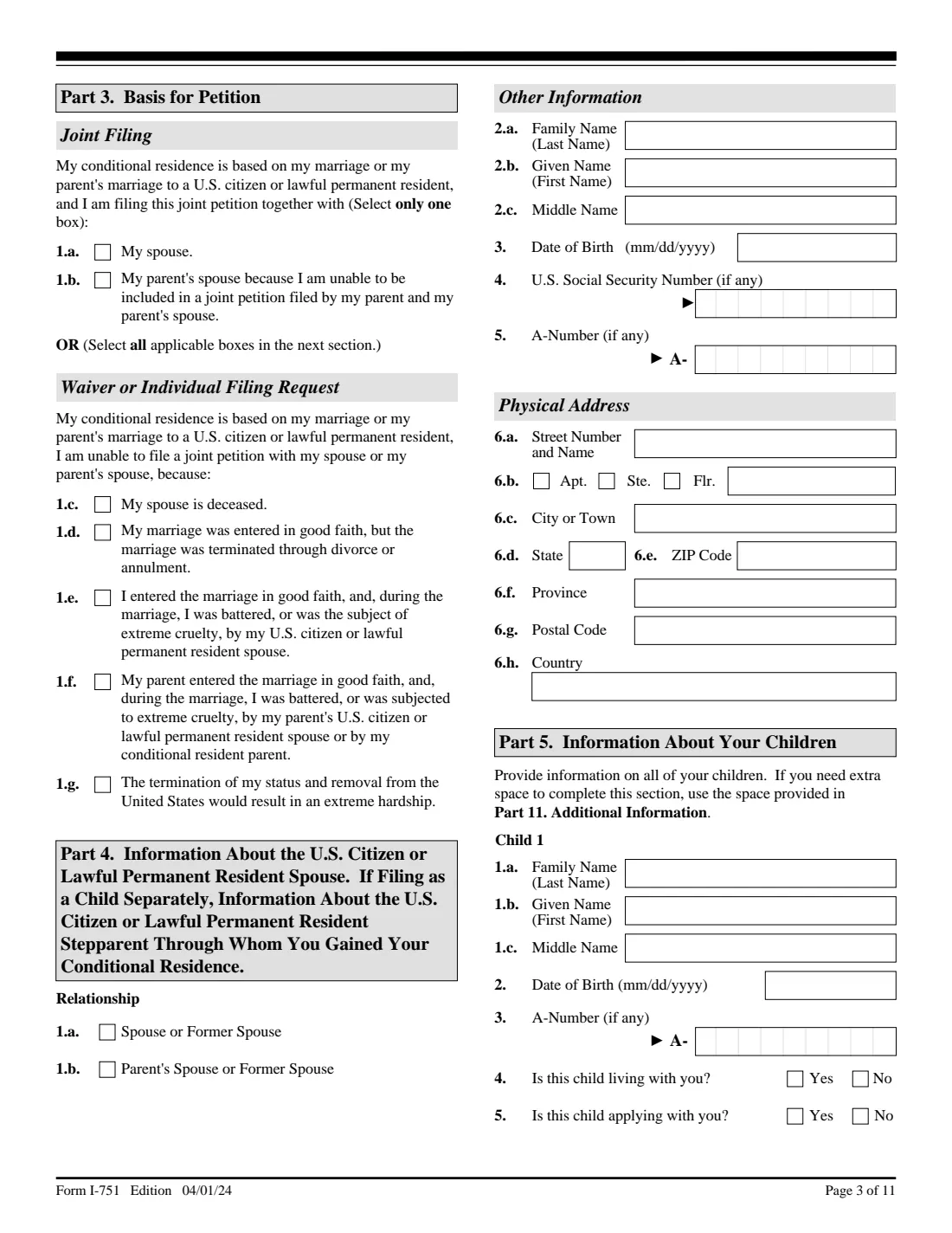 Form I-751 (2024) Petition to Remove Conditions on Residence — page 3 of 11
