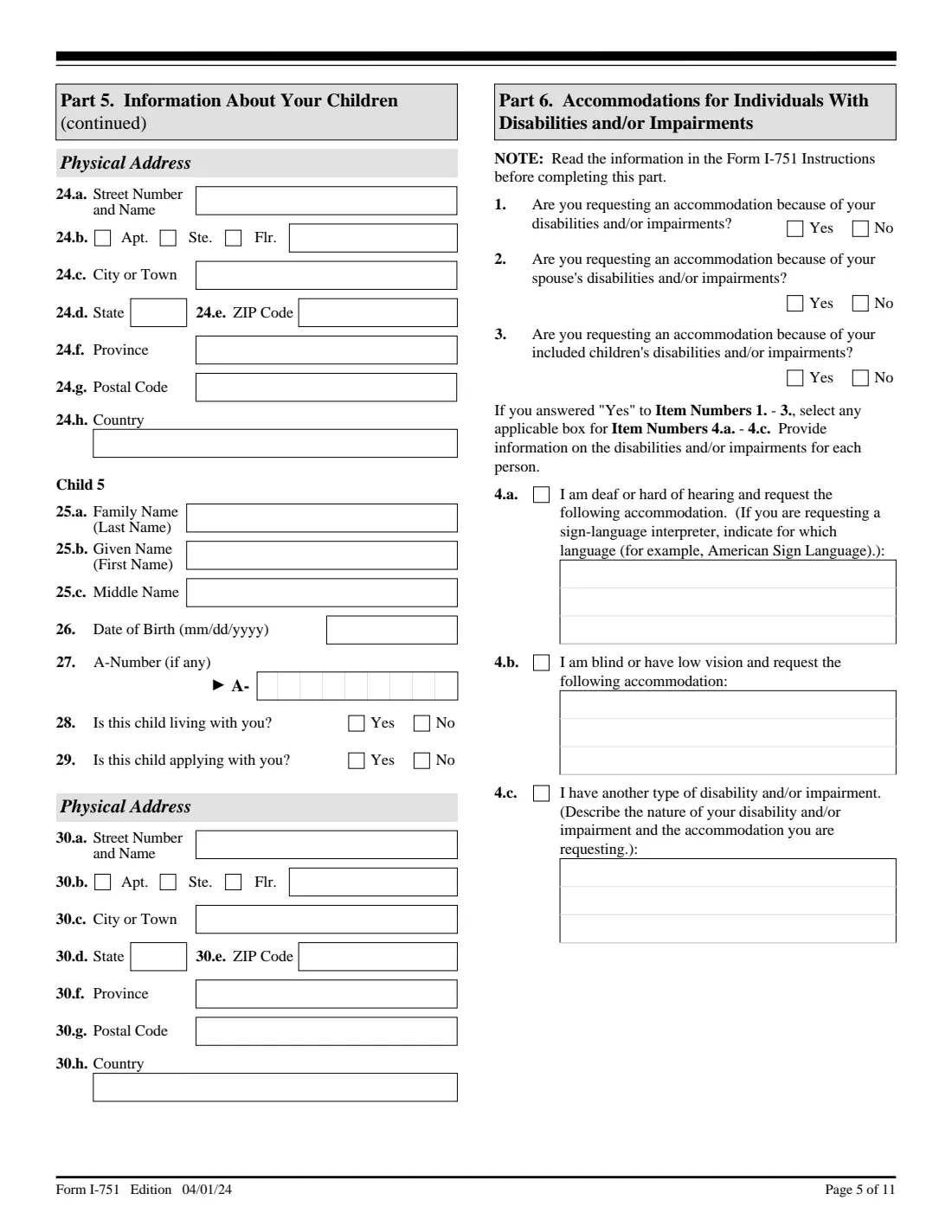 Form I-751 (2024) Petition to Remove Conditions on Residence — page 5 of 11