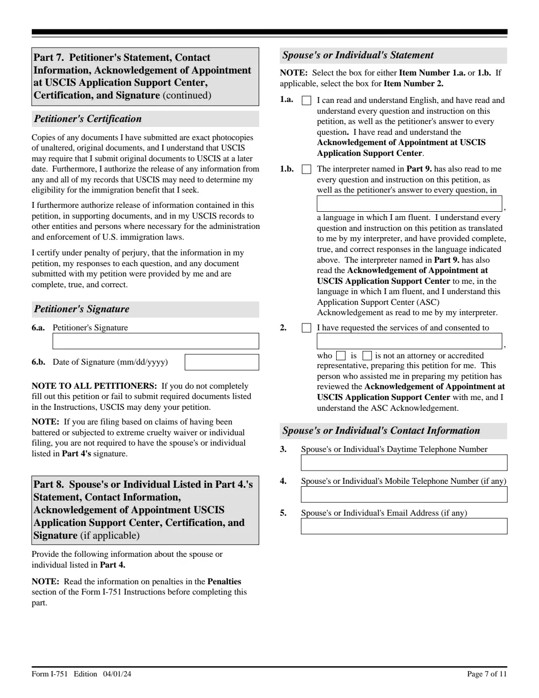 Form I-751 (2024) Petition to Remove Conditions on Residence — page 7 of 11