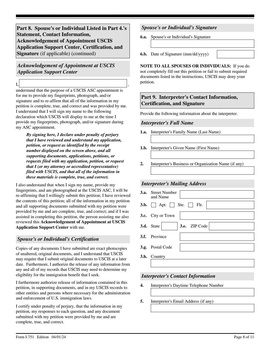 Form I-751 (2024) Petition to Remove Conditions on Residence — page 8 of 11