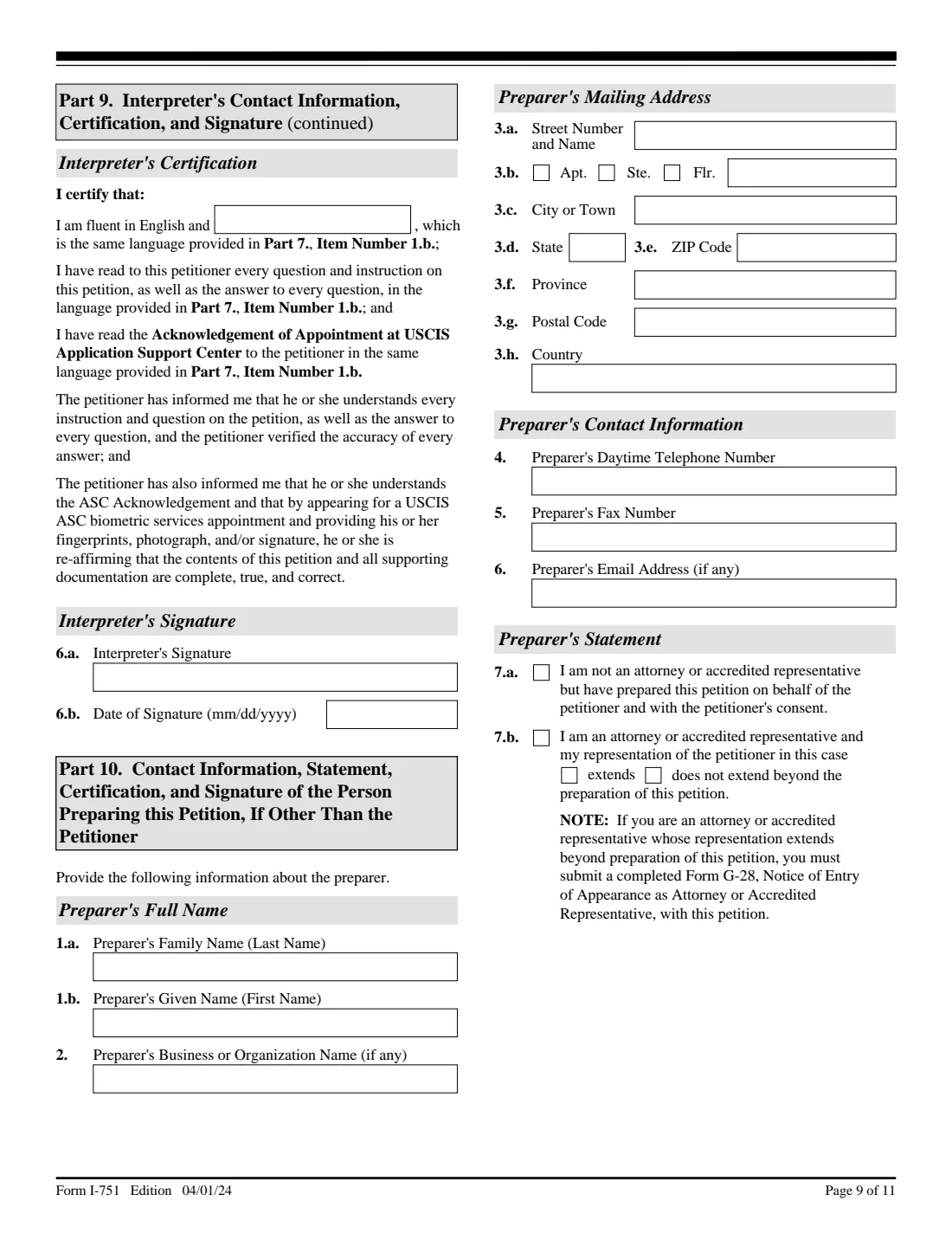 Form I-751 (2024) Petition to Remove Conditions on Residence — page 9 of 11