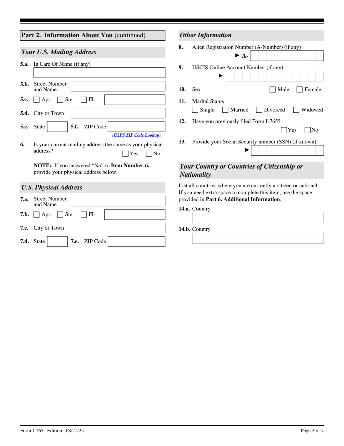 Form I-765 (2025) Application for Employment Authorization — page 2 of 7