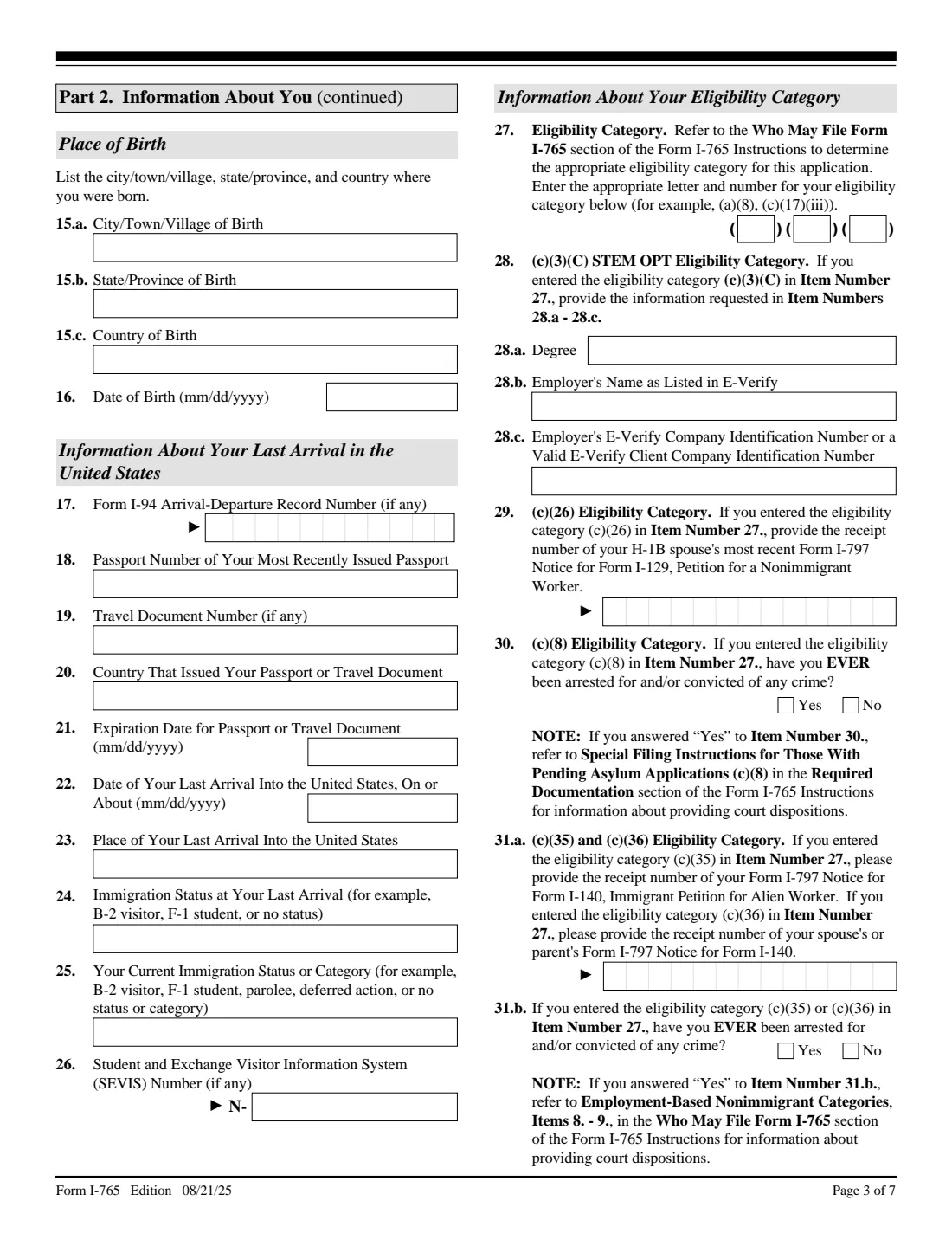 Form I-765 (2025) Application for Employment Authorization — page 3 of 7