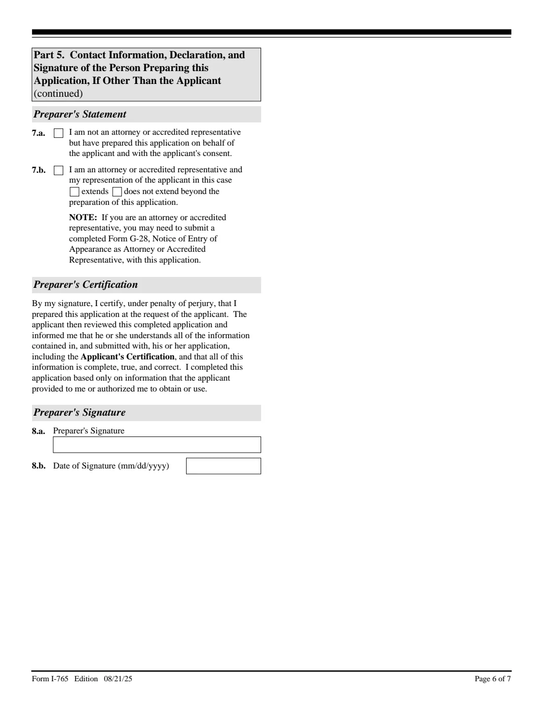 Form I-765 (2025) Application for Employment Authorization — page 6 of 7