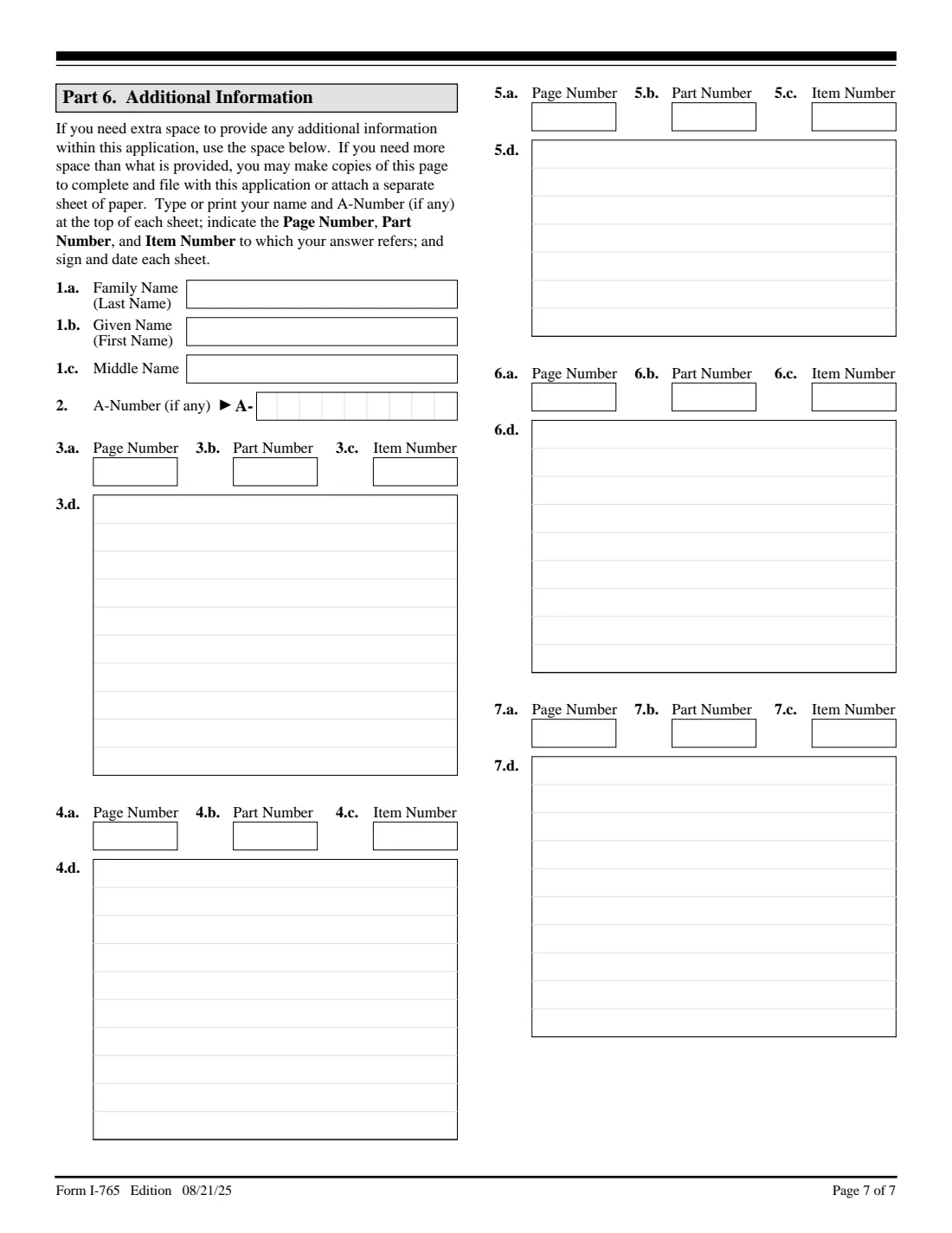 Form I-765 (2025) Application for Employment Authorization — page 7 of 7