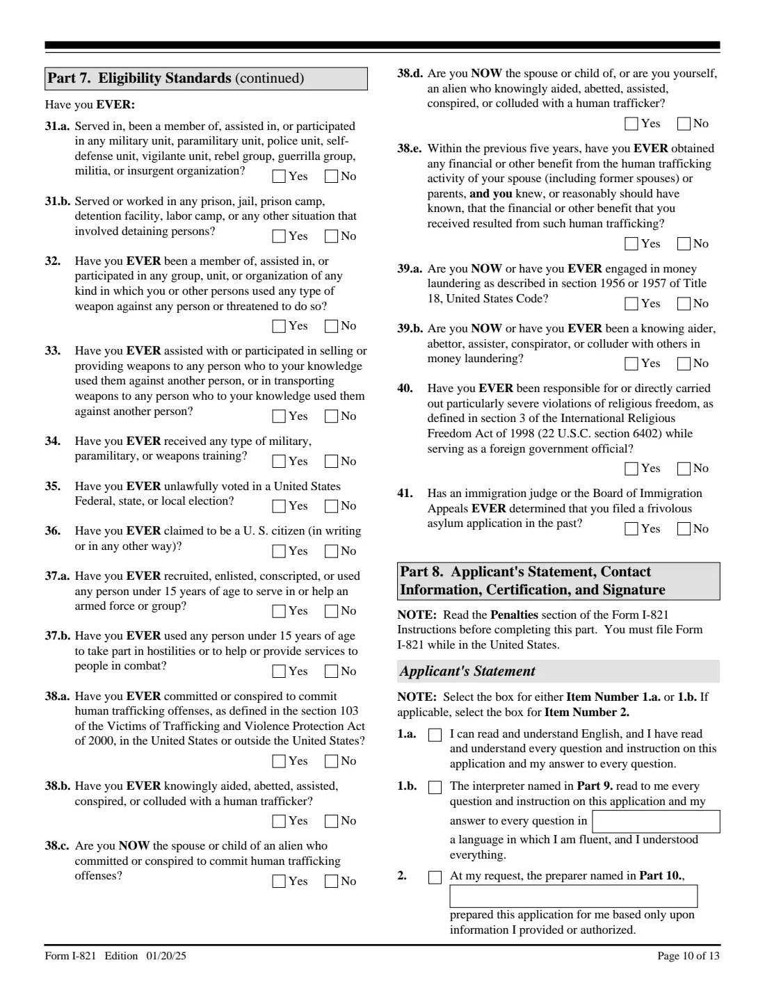 Form I-821 (2025) Application for Temporary Protected Status — page 10 of 13