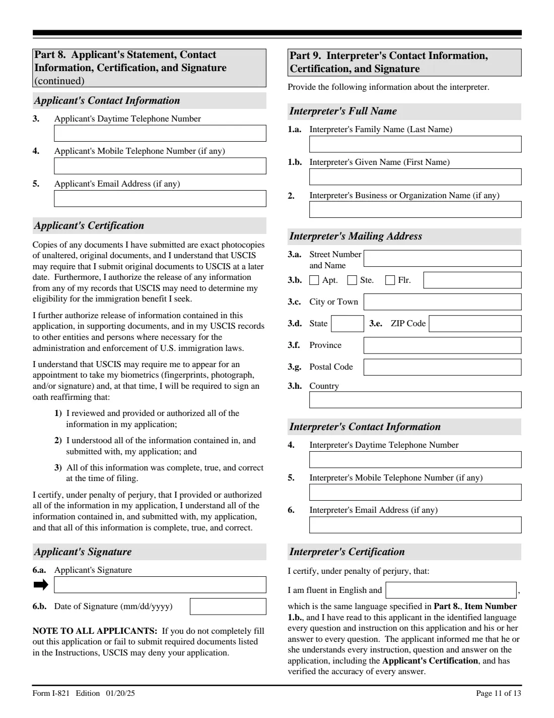 Form I-821 (2025) Application for Temporary Protected Status — page 11 of 13