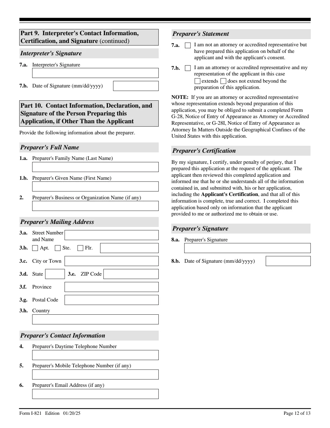 Form I-821 (2025) Application for Temporary Protected Status — page 12 of 13