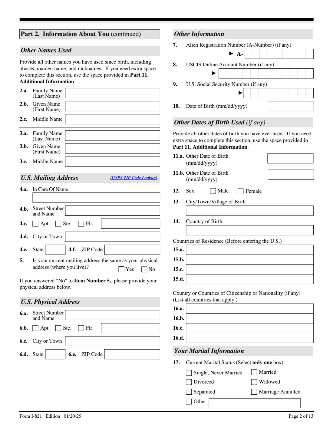 Form I-821 (2025) Application for Temporary Protected Status — page 2 of 13