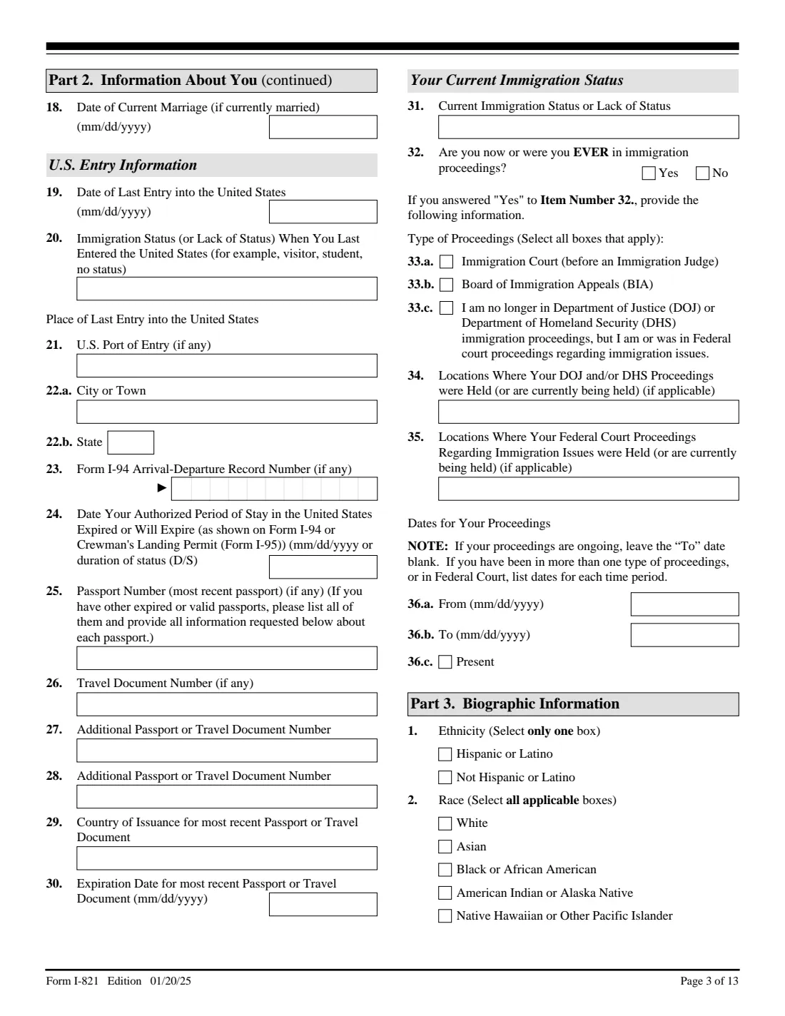 Form I-821 (2025) Application for Temporary Protected Status — page 3 of 13