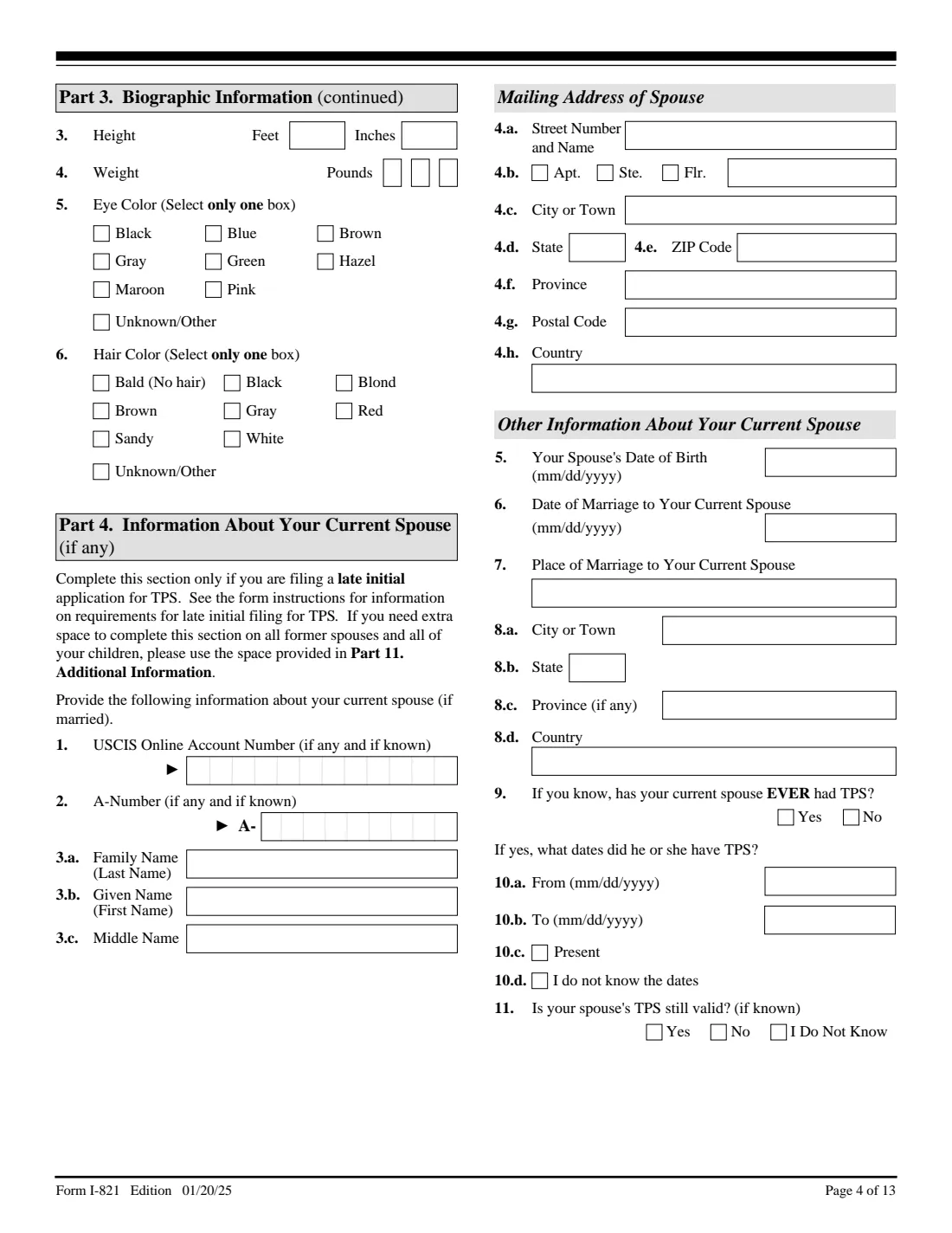 Form I-821 (2025) Application for Temporary Protected Status — page 4 of 13