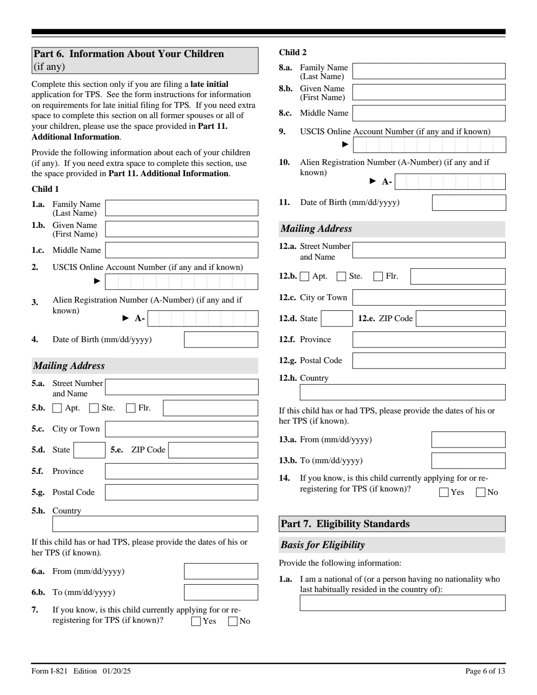 Form I-821 (2025) Application for Temporary Protected Status — page 6 of 13