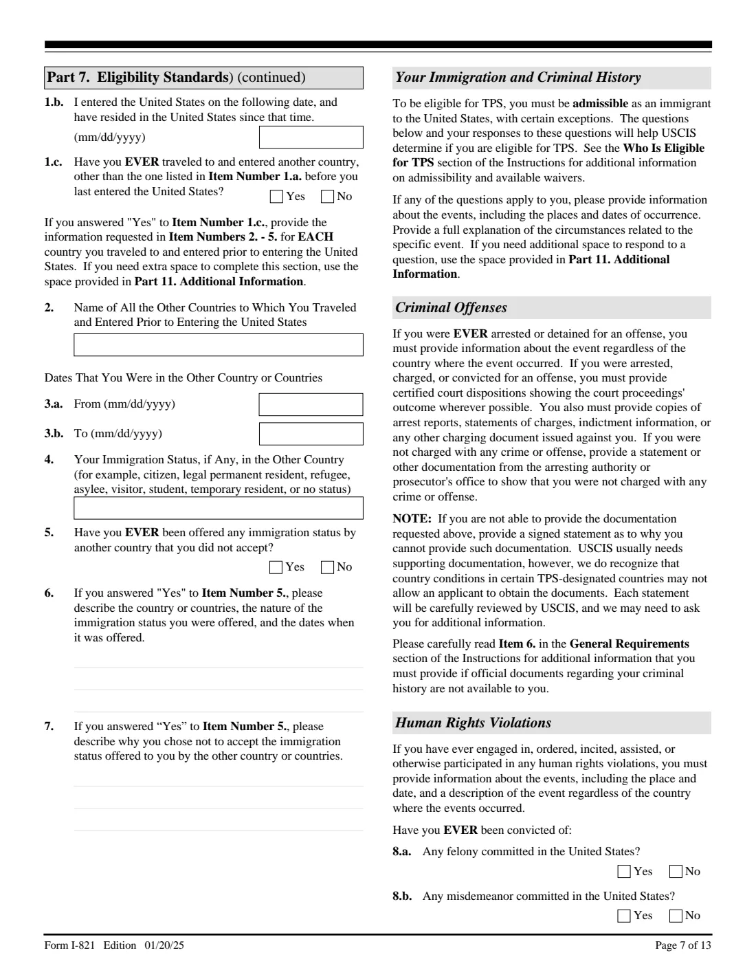 Form I-821 (2025) Application for Temporary Protected Status — page 7 of 13