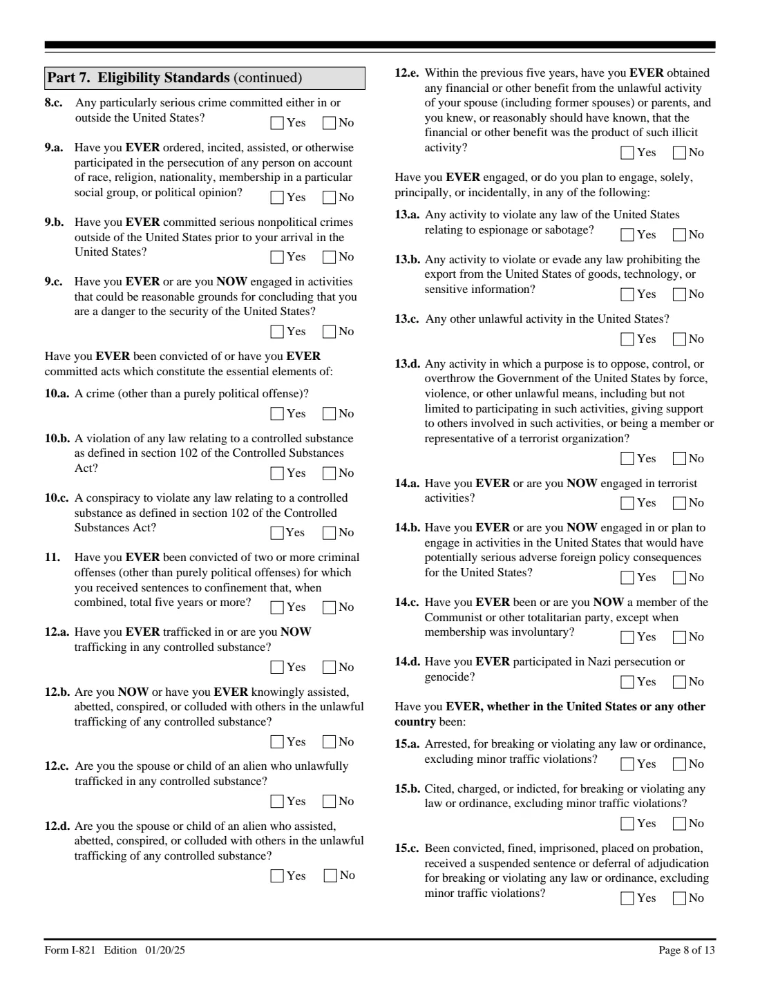 Form I-821 (2025) Application for Temporary Protected Status — page 8 of 13