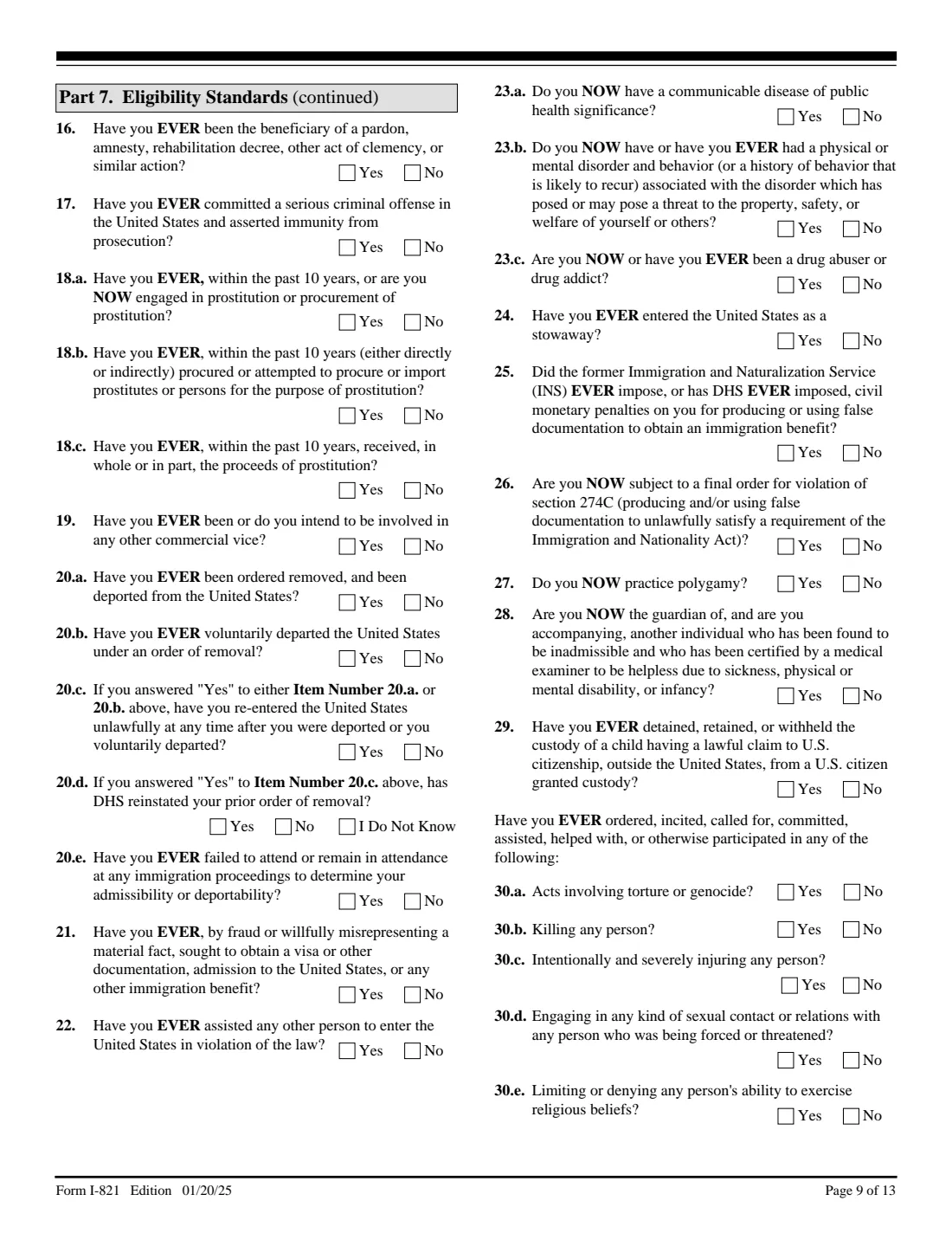 Form I-821 (2025) Application for Temporary Protected Status — page 9 of 13