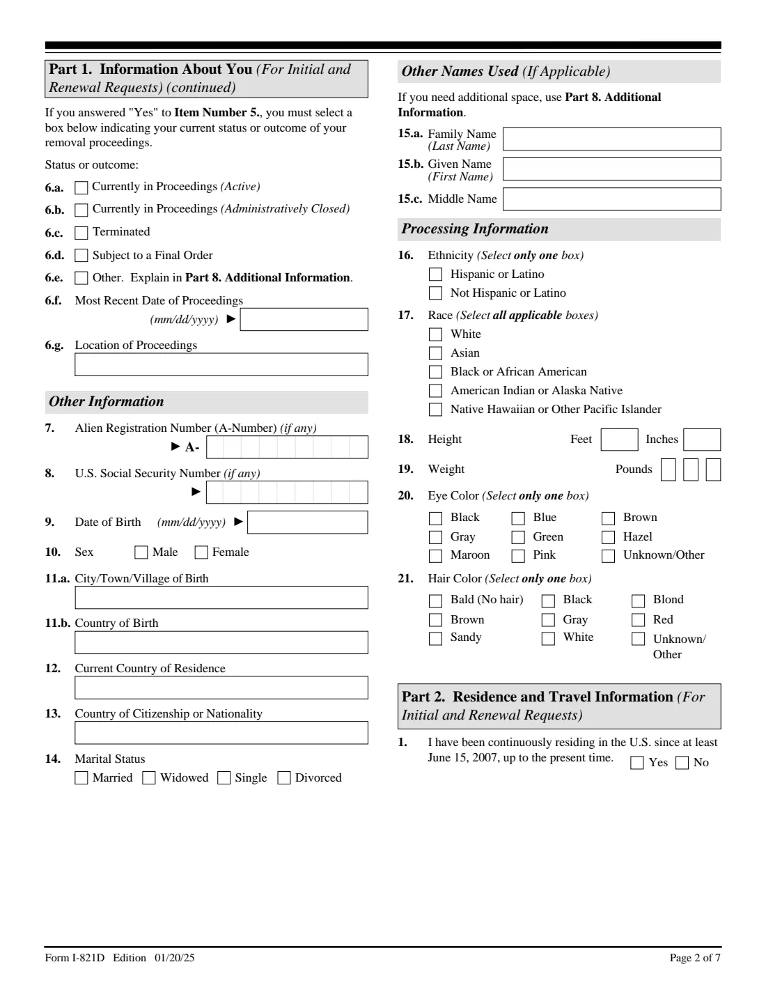 Form I-821D (2025) Consideration of Deferred Action for Childhood Arrivals — page 2 of 7