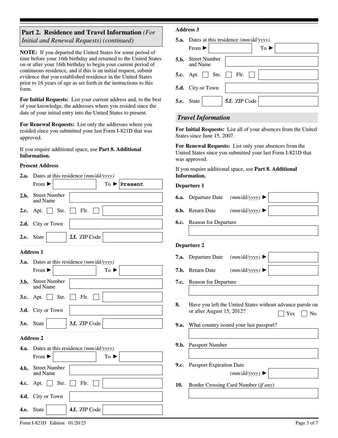 Form I-821D (2025) Consideration of Deferred Action for Childhood Arrivals — page 3 of 7