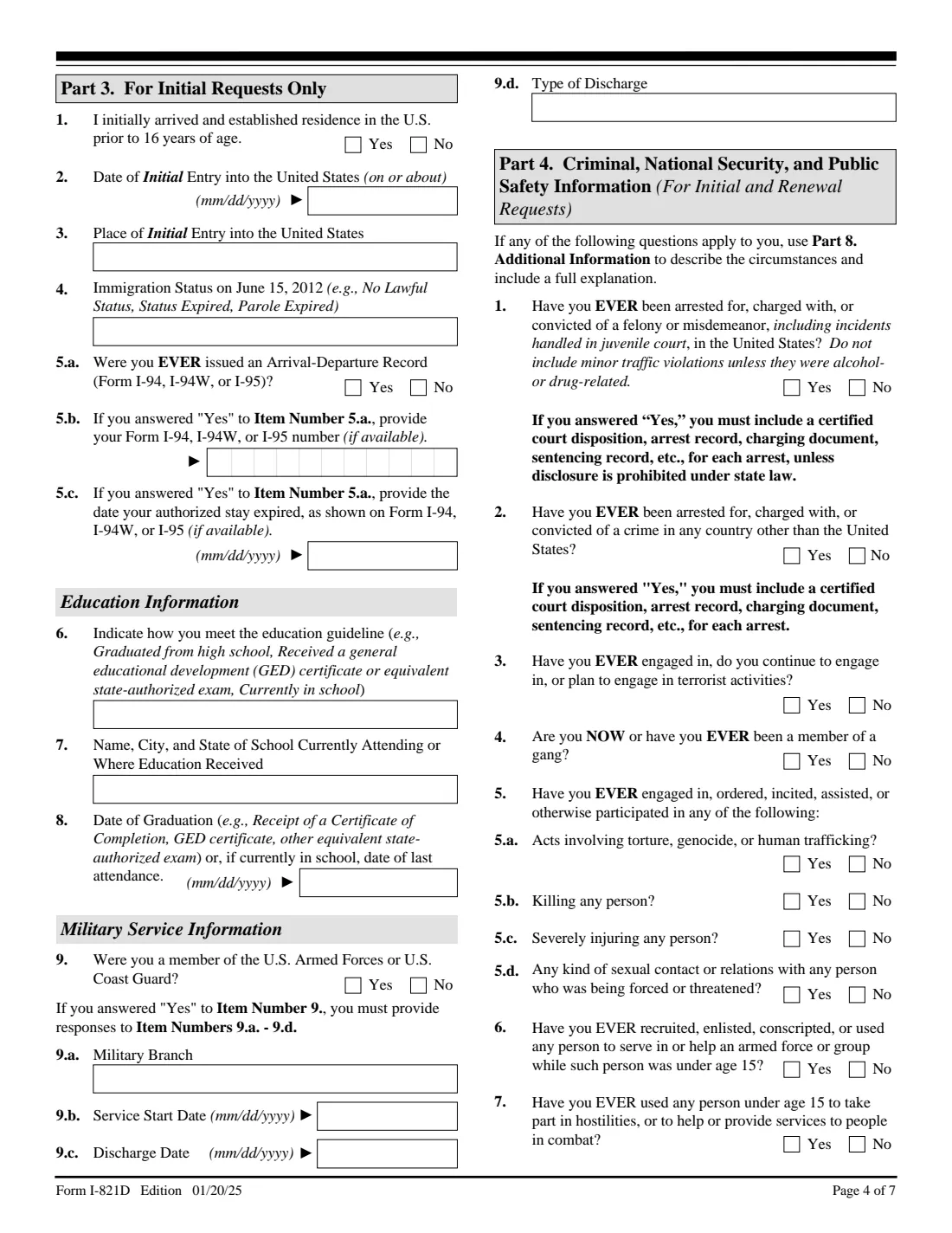 Form I-821D (2025) Consideration of Deferred Action for Childhood Arrivals — page 4 of 7