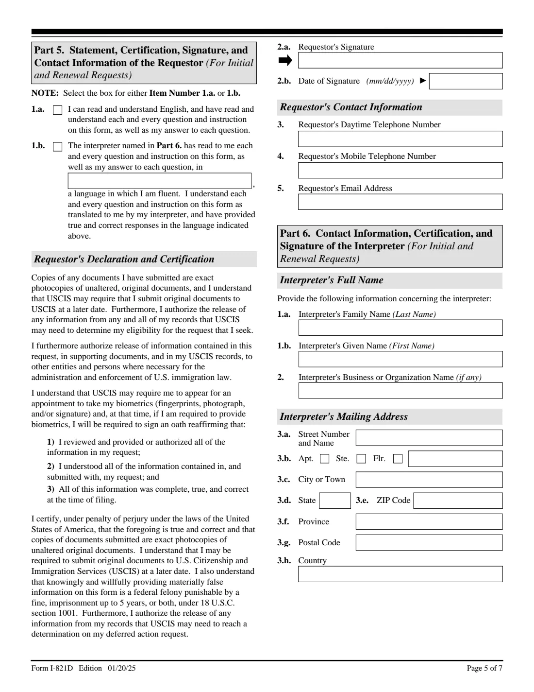 Form I-821D (2025) Consideration of Deferred Action for Childhood Arrivals — page 5 of 7
