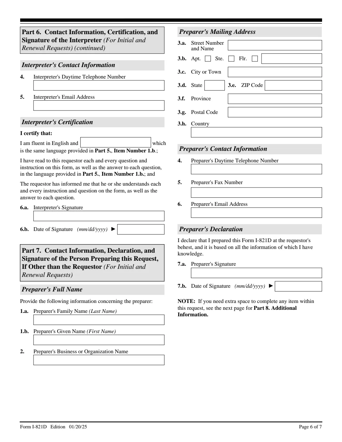 Form I-821D (2025) Consideration of Deferred Action for Childhood Arrivals — page 6 of 7