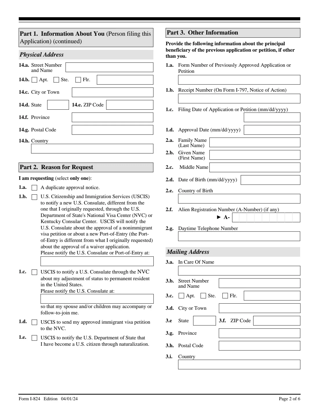 Form I-824 (2024) Application for Action on an Approved Application or Petition — page 2 of 6