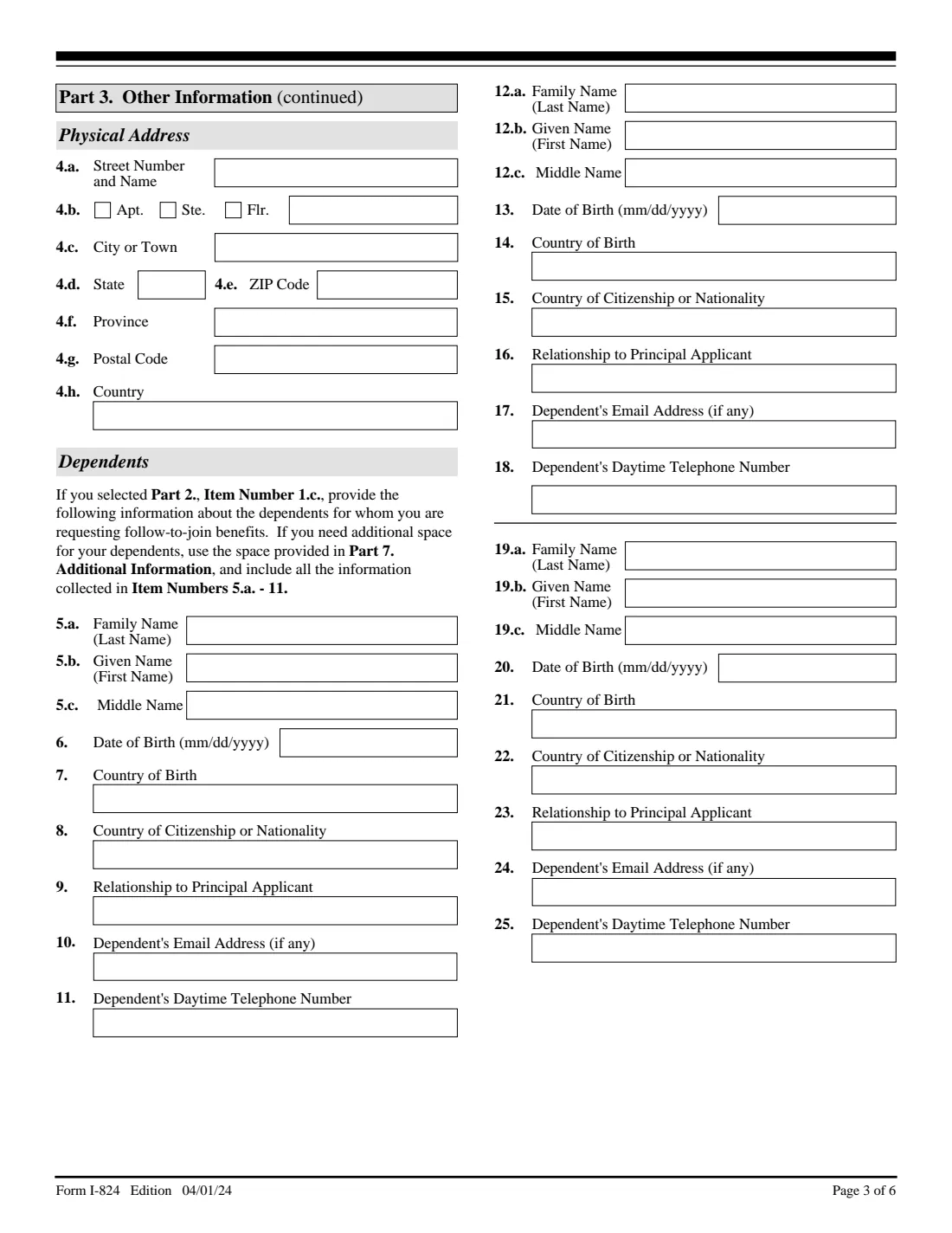 Form I-824 (2024) Application for Action on an Approved Application or Petition — page 3 of 6