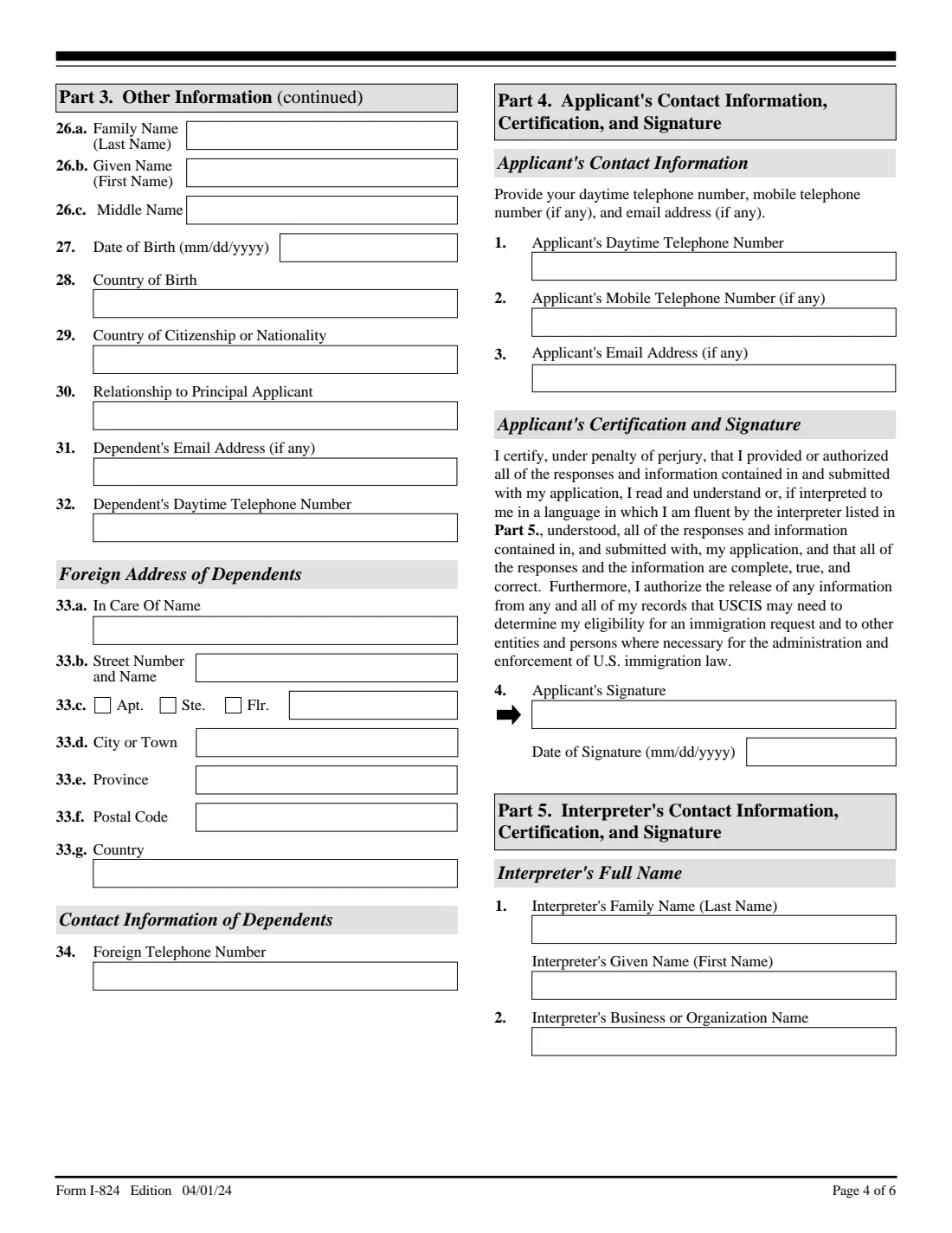 Form I-824 (2024) Application for Action on an Approved Application or Petition — page 4 of 6
