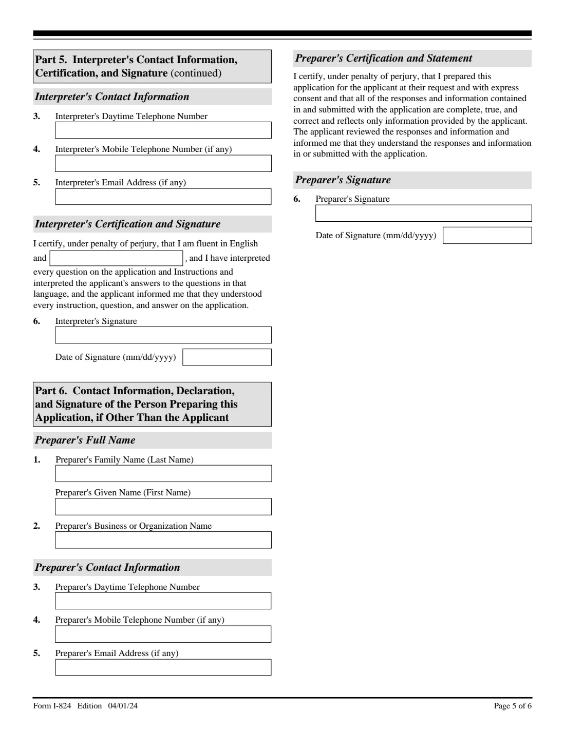 Form I-824 (2024) Application for Action on an Approved Application or Petition — page 5 of 6