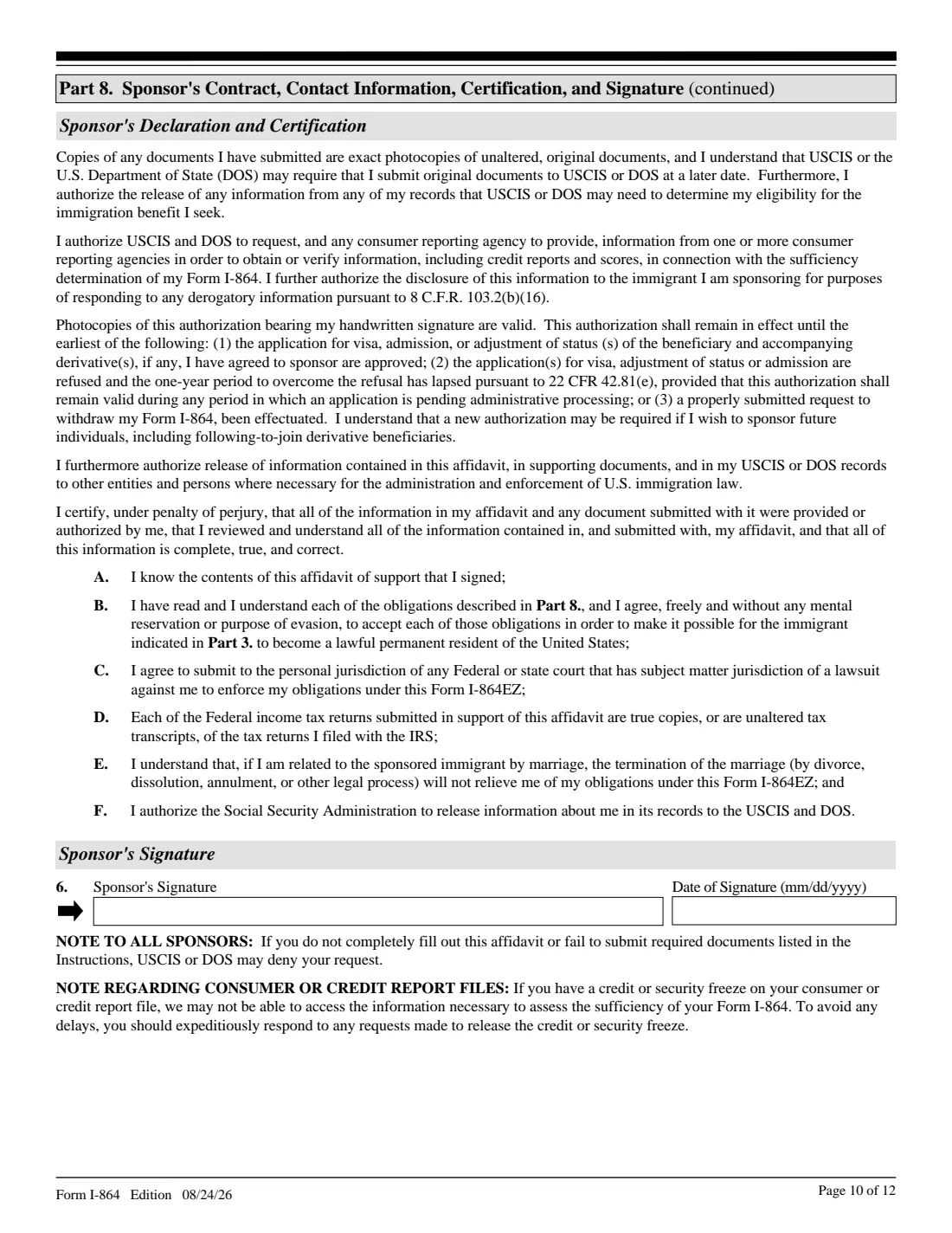 Form I-864 (2026) Affidavit of Support Under Section 213A of the INA — page 10 of 12