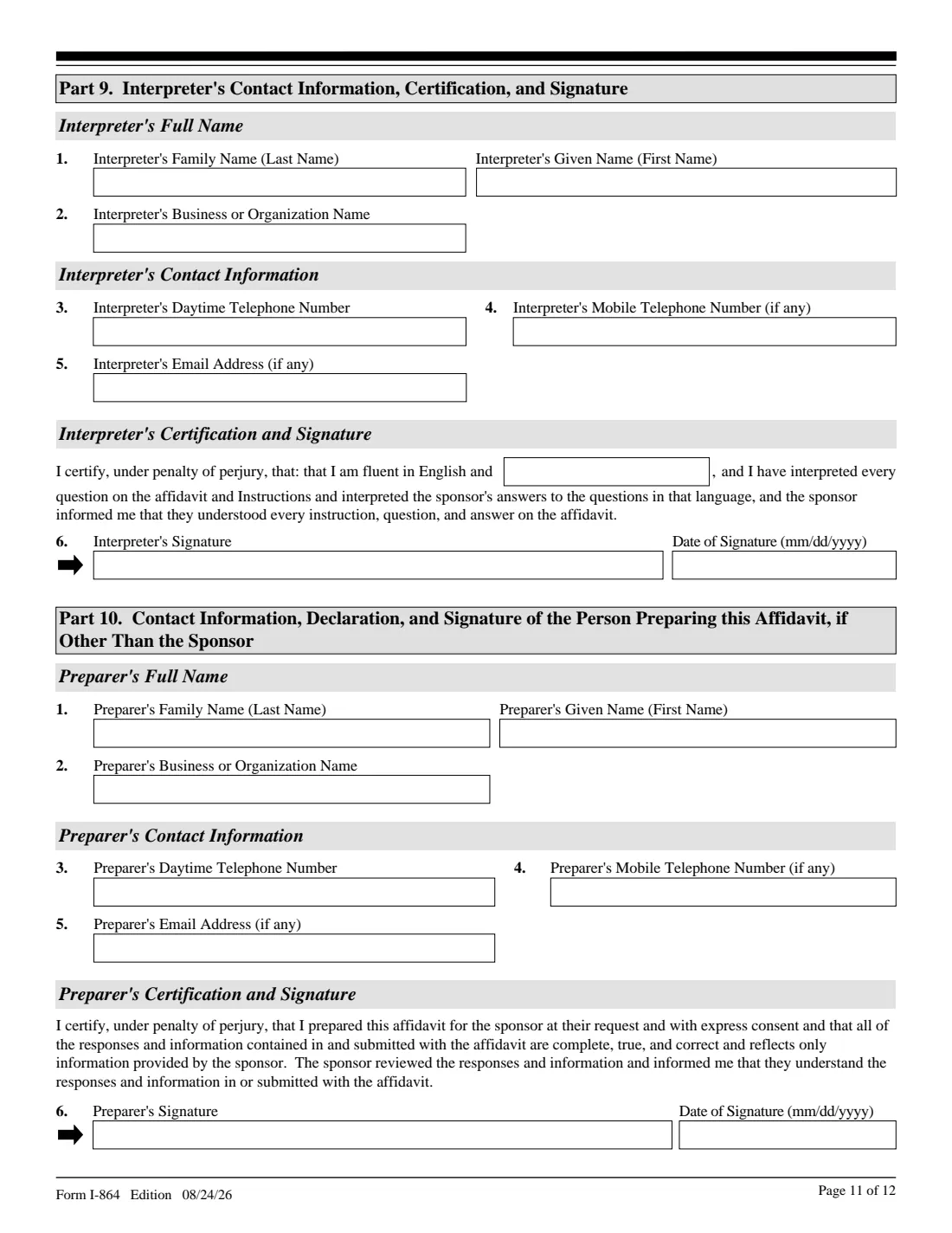 Form I-864 (2026) Affidavit of Support Under Section 213A of the INA — page 11 of 12