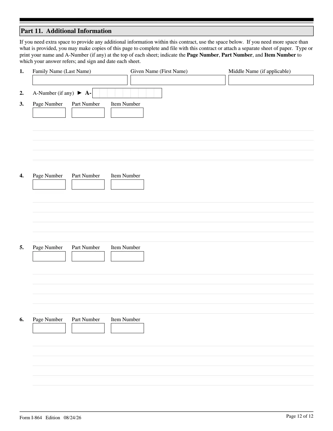 Form I-864 (2026) Affidavit of Support Under Section 213A of the INA — page 12 of 12