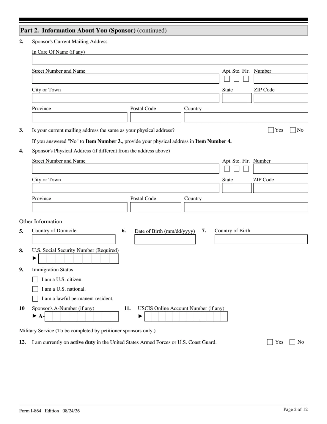 Form I-864 (2026) Affidavit of Support Under Section 213A of the INA — page 2 of 12